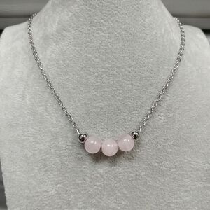 Rose Quartz Three Bead Necklace Natural Gemstone Crystal Stainless-Steel Chain